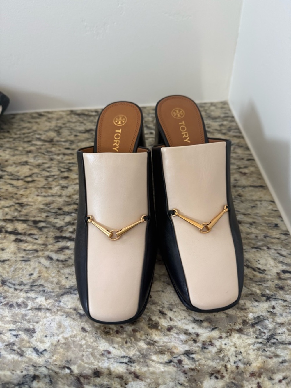 Tory Burch Two-Tone Cream and Black Slip-On Mules with Gold Hardware